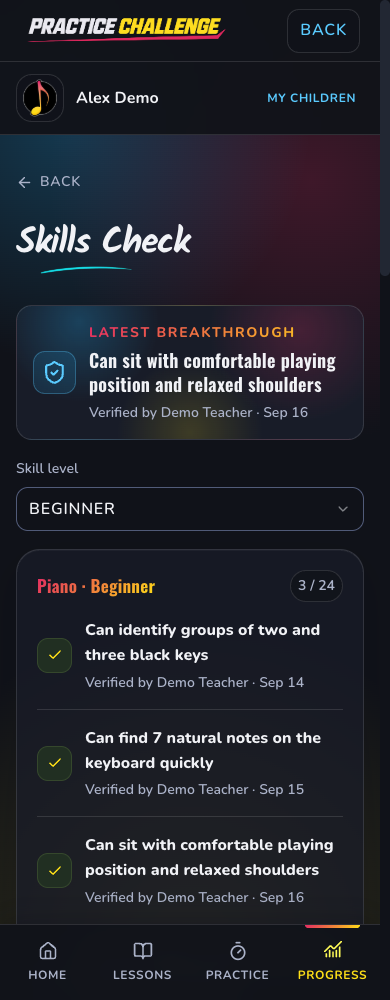 Practice Challenge Skills Check with demo student Alex Demo, showing teacher-verified beginner piano skills
